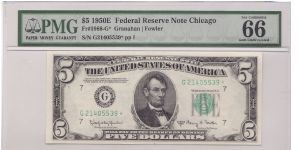 1950 E $5 CHICAGO FRN

**STAR NOTE**

**PMG 66 EPQ GEM**

**SUPER KEY NOTE**

**HIGHEST GRADED BY PMG** Banknote