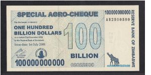 Agro Cheque 100Billion notes. Banknote