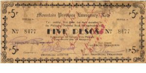 S-603 Mountain Province 5 Peso note with countersign signatures on reverse. Banknote