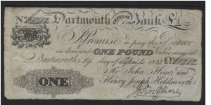 P-?
Dartmouth Bank 1823 England 1 pound.
Date 19 April 1823.
Signature, Hinze. VG.
pv? Banknote