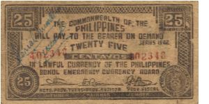 S-133 Unlisted Serial Number on Bohol 25 centavo note, higher than what book states. Banknote
