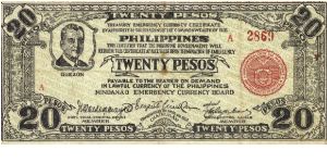 S-474 Mindanao Emergency Currency Board 20 Pesos note. Banknote