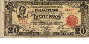 S-224a Cebu Emergency Currency Board 20 Pesos note countersigned by 3 board members. Banknote