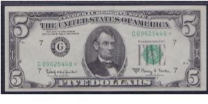 1963 A $5 CHICAGO FRN


**STAR NOTE**

**PMG 65 EPQ** 

**GEM UNC**

#1 OF 2 CONSECUTIVE Banknote