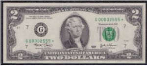 2003 $2 CHICAGO FRN

#3 0F 3 MATCHING SERIALS

**STAR NOTE**

#00002555 Banknote