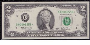 2003 $2 CLEVELAND FRN

#2 0F 3 MATCHING SERIALS

**STAR NOTE**

#00002555* Banknote