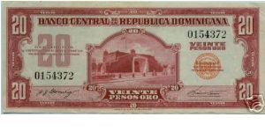 1962 ==> 20.00 Pesos Banco Central ==> Family: 2nd ==> Printer: ABNC ==> Signatures: Lic. José J. Gómez and Ing. Manuel E. Tavárez Espaillat ==> Denominations: 1962 (1, 5, 10, 20, 50, 100, 500, 1000) ==> Note: First post Trujillo emision. Also known as “El peso rojo” (the red peso) Dominincan non-dated (1962). First regular issue after the assasination of Rafael Leonidas Trujillo ending his thirty years of tyranny. ==> by: clubnumismatico.com Banknote
