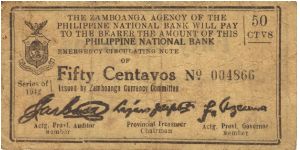 S-1182 RARE Zamboanga Agency of the Philippine National Bank 50 Centavos note. Banknote