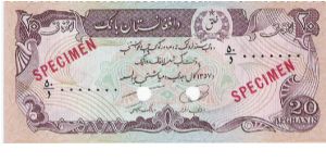 20 Afghanis Specimen Banknote with Serail # 0000000 with KHALAQUE emblem in th top line,
Issued only in Specimen By Afghanistan Governnment Banknote