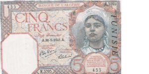 Tunisia Ovpt. Algeria 5 Francs Banknote