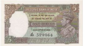 Rupees 5 British India Banknote King George VIth, Signature-J.B.Taylor Banknote