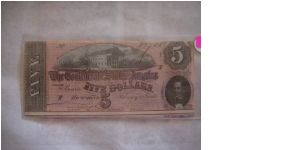 Confederated $5.00
series 5
No.  80708
Richmond
February 17th, 1864
F
signed
Error in cutting Banknote
