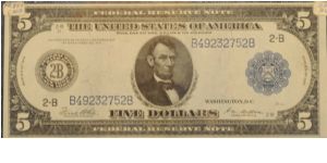 5$ Federal Reserve Note - 2B New York Banknote