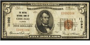 1929 $5 THE MUTUAL NATIONAL BANK OF CHICAGO

**TYPE I**

**CHARTER# 11092**

**4 DIGIT SERIAL**

**BROWN SEAL** Banknote