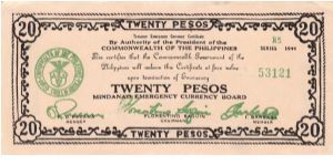 Emergency & Guerrilla Currency

Mindanao: 20 Pesos (Series R5, Treasury Emergency Certificate issue) Banknote