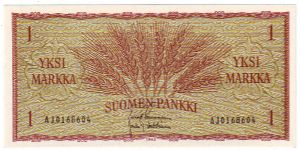 1 Markka AJ-serie

This money has been made of 15,000 pieces

Banknote size 142 X 60mm (inch 5,59 X 2,362)

This note is made of 1970 Banknote