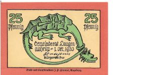 Notgeld (Langenaltheim); 25 pfenig; October 1, 1920

Part of the Dragon Collection! Banknote