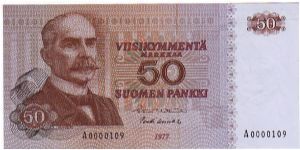 50 markkaa serie A

Rare (small serial number)

Banknote size 142 X 69mm (inch 5,591 X 2,72)

Made of 10.000.000 pieces

This note is made of 1977 Banknote