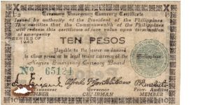 Emergency & Guerrilla Currency

Negros Island: 10 Pesos (Treasury Emergency Certificate issue) Banknote