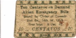 Very RARE Aklan Philippines 10 Centavos note. Banknote