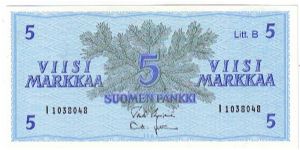 5 Markkaa Serie I

The replacement note i-series (without the stars)

Banknote size 142 X 69mm (inch 5,59 X 2,72)

This note is made of 1982 Banknote