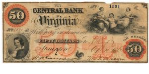 1860 Central Bank of Virginia $50 Banknote