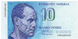 10 Markkaa 

The replacement of banknotes (199...)

Banknote size 142 X 69mm (inch 5,59 X 2,72)

This note is made of 1987 Banknote