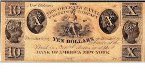 1800's $10 The New Orleans Canal & Banking Company Obsolete Note hailing from New Orleans, Louisiana. HAXBY: LA-105 G84. Banknote