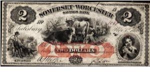 1862 $2 Somerset and Worcester Savings Bank Obsolete Note hailing from Salisbury, Maryland. Pre-dated the first of November. Hand numbered serial # 1080 and hand signed. Two small pinholes are noticed with a POC (Punch Out Cancel). Banknote