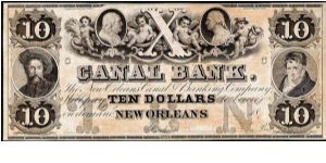 1800's $10 Canal Bank Note hailing from New Orleans, Louisiana. LA-105 G22a. Banknote