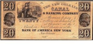 1800's New Orleans, Louisiana $20 Canal & Banking Company Obsolete Currency Note. LA-105 G86. Banknote