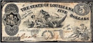 1862 Baton Rouge, Louisiana $5 State of Louisiana (Lazy 5) Obsolete Note, CR# 10. Banknote