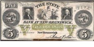 1850's New Brunswick, New Jersey $5 The State Bank at New Brunswick Obsolete Note. HAXBY: NJ-350 G52a. Banknote