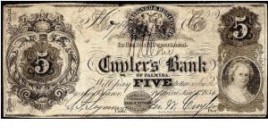 1854 PALMYRA, NEW YORK $5 The Cuyler's Bank (1846-64) Obsolete Note. HAXBY: NY-2165 G6b. Scarce, surviving example not confirmed. Banknote