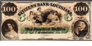 1860's New Orleans, Louisiana $100 The Citizens Bank of Louisiana Obsolete Note, printed in both English and French. Banknote