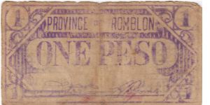ROM-205 Extremely RARE Romblon Province Philippines 1 Peso note. Banknote