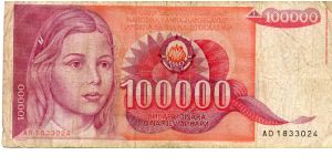 Socialist Federal Republic of Yugoslavia
100000d  Girl
Young Girl Banknote