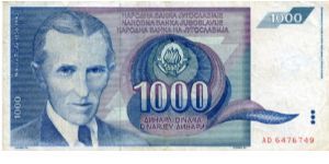 Socialist Federal Republic of Yugoslavia
1000d
Nikola Tesla 1856-1943
Tesla coil Banknote