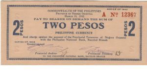 S-655a Commonwealth of the Philippines, Negros Oriental, 2 Peso note with blue ink. Banknote