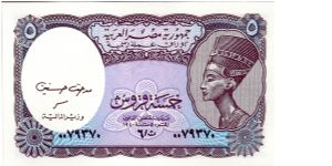 5 Piastres;

Queen Nefertiti;

Watermark: King Tut's Mask;

Original Size: 96 x 57 mm Banknote