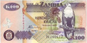 100 Kwacha;

See through window above Bank seal & African Fish Eagle;

Chainbreaker statue Banknote