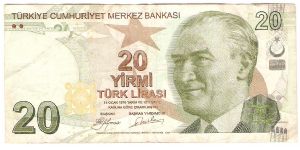 20 Lira.

Ataturk at right on face; house drawings at center, Mimar Kemaleddon at center right on back.

Pick #NEW Banknote