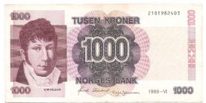 1,000 Kroner.

C. M. Falsen at left on face; 1668 Royal seal at center on back.

Pick #45a Banknote