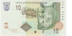 10 Rand.

Coat of arms at top left, white rhinoceros at center, large white rhino at right on face; ram's head over sheep at left on back.

Pick #128 Banknote