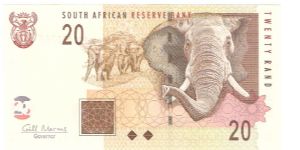 20 Rand.

Coat of arms at top left, elephants at center, large elephant head at right on face; open pit mining at left center on back.

Pick #129 Banknote