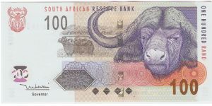 100 Rand.

Coat of arms at top left, cape buffalo at center and large water buffalo head at right on face; zebras along bottom from left to center on back.

Pick #131 Banknote