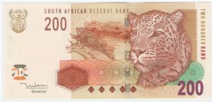 200 Rand.

Coat of arms at top left, leopard at center, large leopard's head at right on face; dish antenna at upper left, modern bridge at lower left on back.

Pick #132 Banknote
