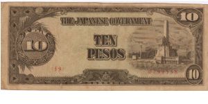 PI-111 Philippine 10 Pesos note under Japan rule with BANZAI overprint...possibly a counterfeit. Banknote