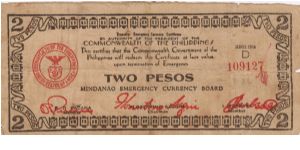 S-516 Mindanao Emergency Currency 2 Pesos note. Banknote