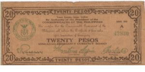 S-489a Mindanao Emergency Currency 20 Pesos note. Banknote